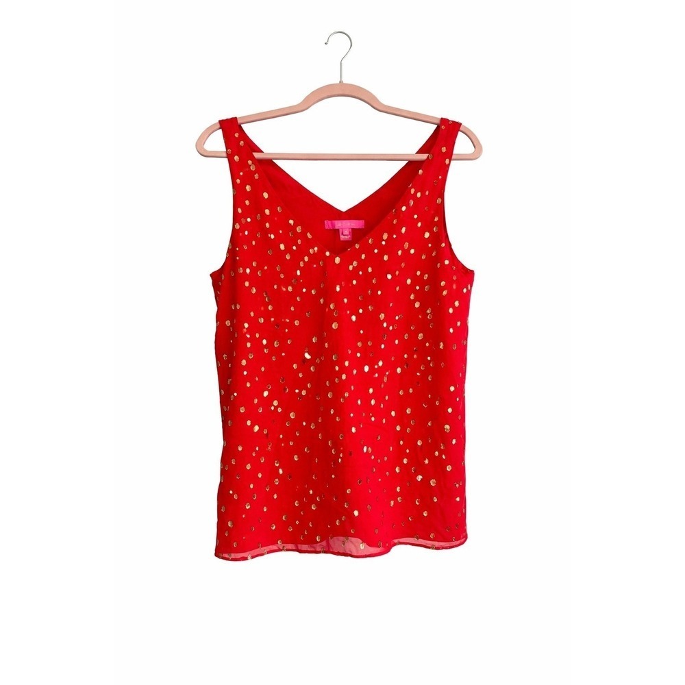 Lilly Pulitzer Florin Silk V-Neck Blouse Red & Gold Size Medium MSRP $118